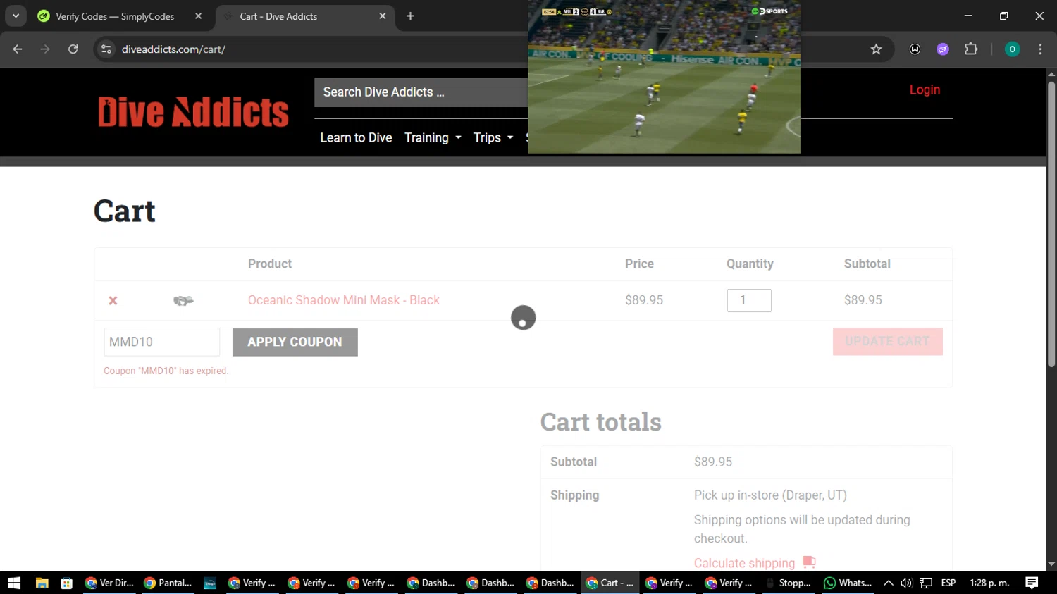 Dive Addicts promo code screenshot showing code MMD10 applied at Dive Addicts checkout page. Uploaded by SimplyCodes community member LuckyDefender9428 on Jun 21, 2025