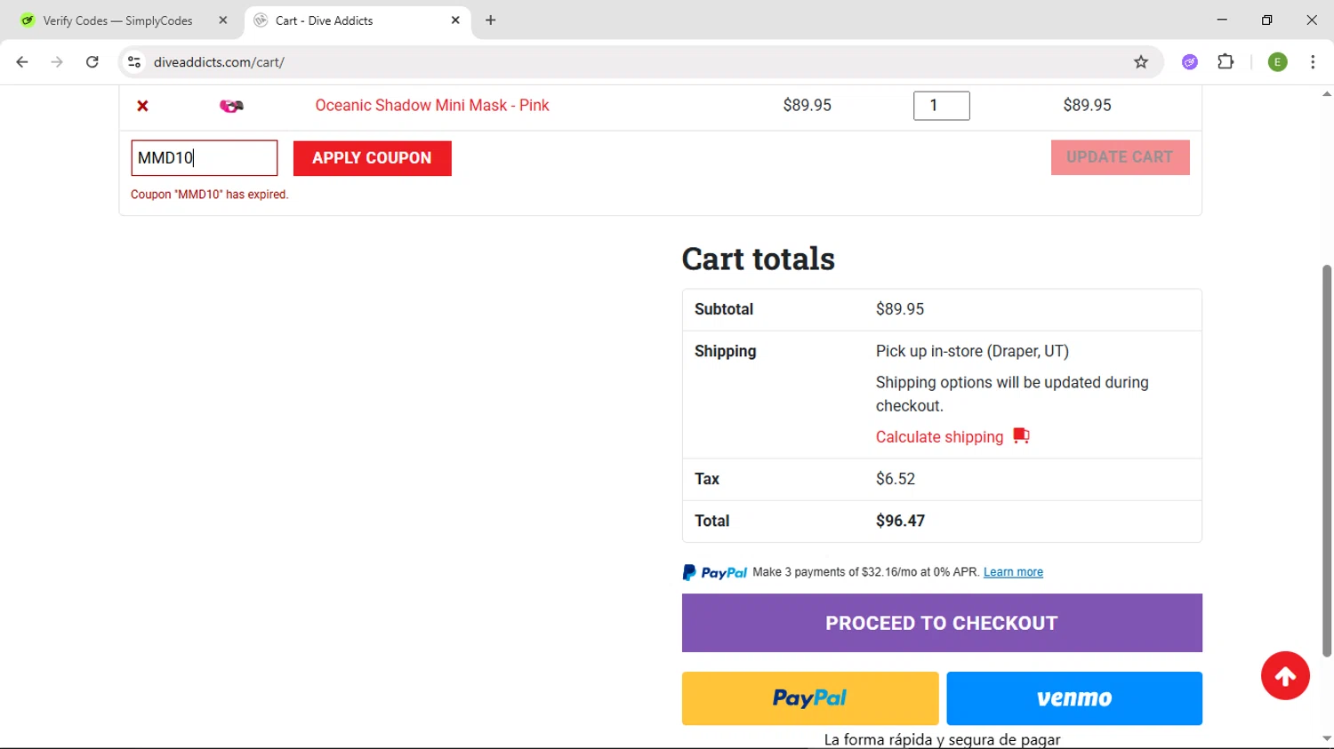 Dive Addicts promo code screenshot showing code MMD10 applied at Dive Addicts checkout page. Uploaded by SimplyCodes community member SUZUKIV on Jun 21, 2025
