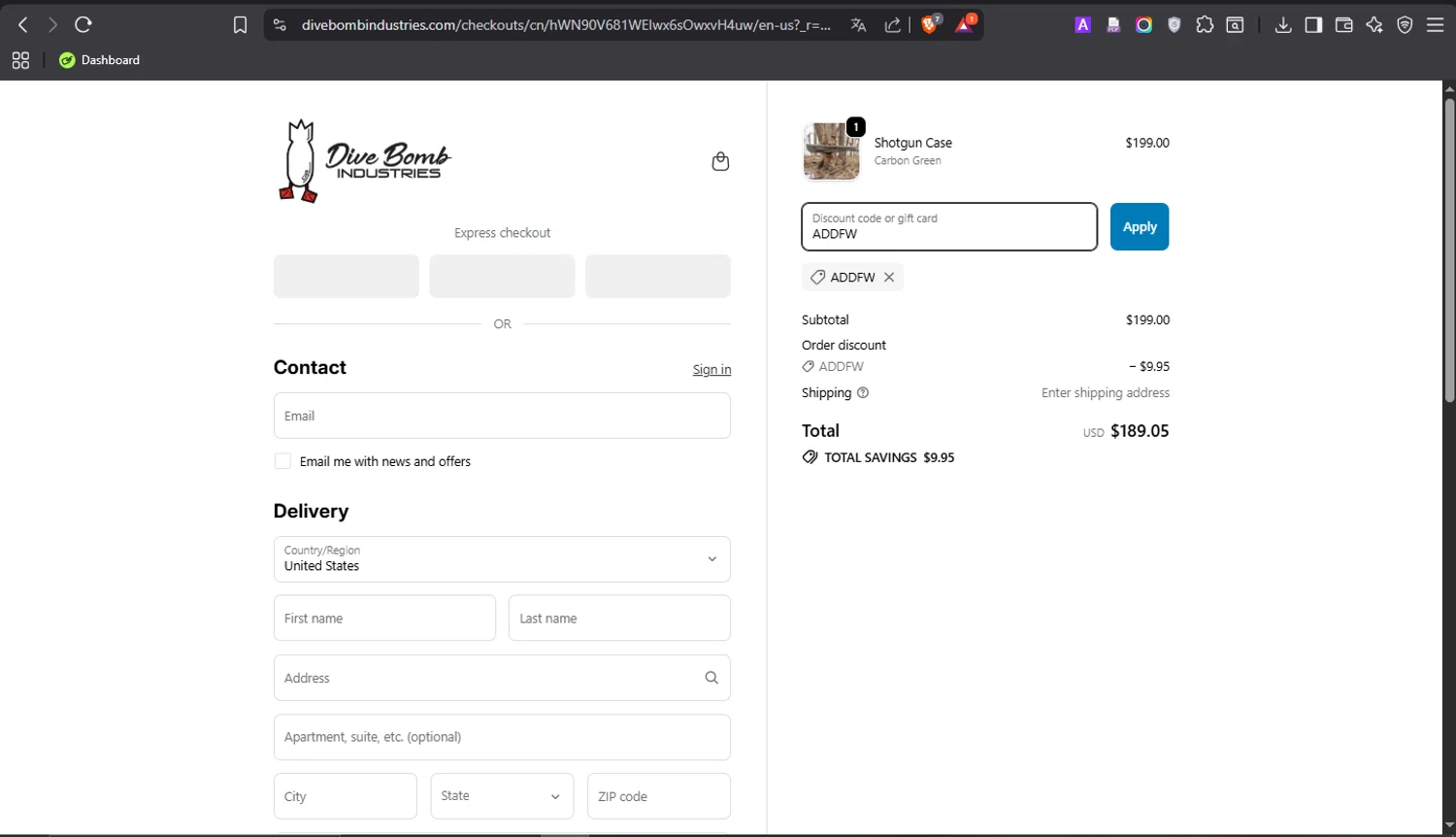 Dive Bomb Industries promo code screenshot showing code ADDFW applied at Dive Bomb Industries checkout page. Uploaded by SimplyCodes community member ROCKSORD_2 on Feb 20, 2026