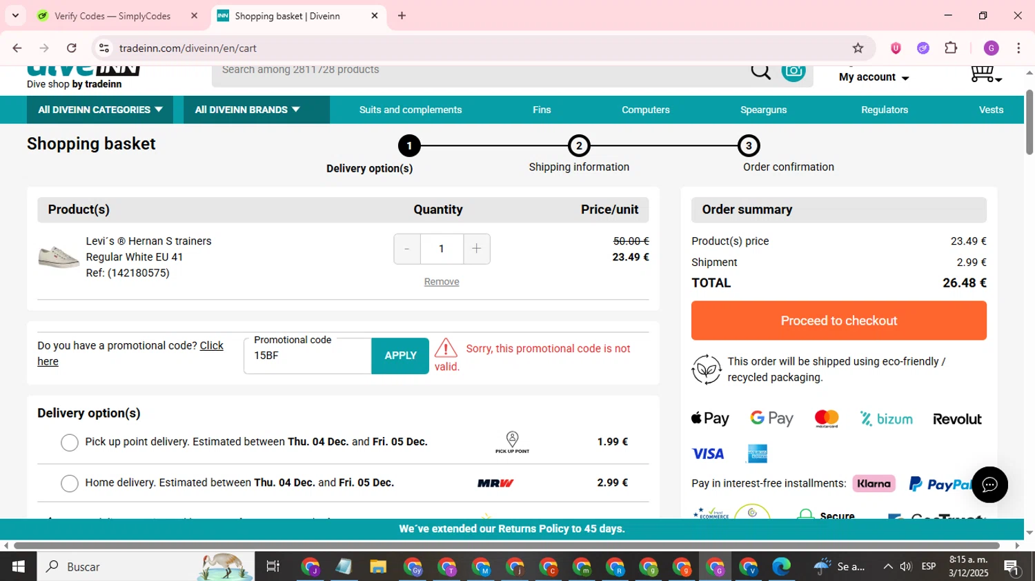 Diveinn promo code screenshot showing code 15BF applied at Diveinn checkout page. Uploaded by SimplyCodes community member ValuePilot6849 on Dec 3, 2025