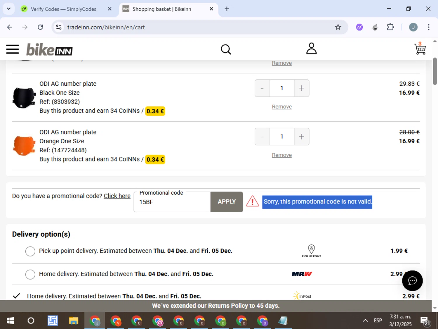 Diveinn promo code screenshot showing code 15BF applied at Diveinn checkout page. Uploaded by SimplyCodes community member ValueTracker8384 on Dec 3, 2025