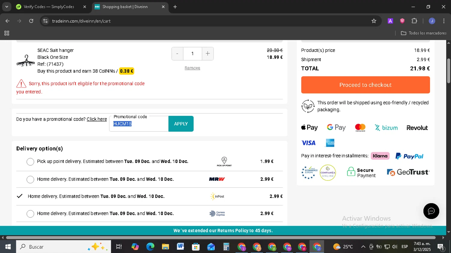 Diveinn promo code screenshot showing code HJCM15 applied at Diveinn checkout page. Uploaded by SimplyCodes community member EpicSage3474 on Dec 3, 2025