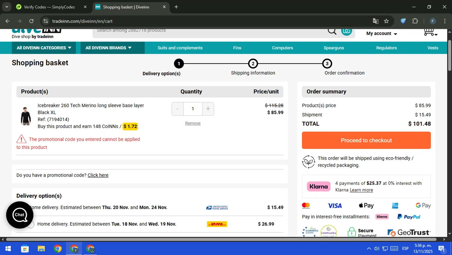 Diveinn promo code screenshot showing code HJCM15 applied at Diveinn checkout page. Uploaded by SimplyCodes community member pajarito on Nov 13, 2025