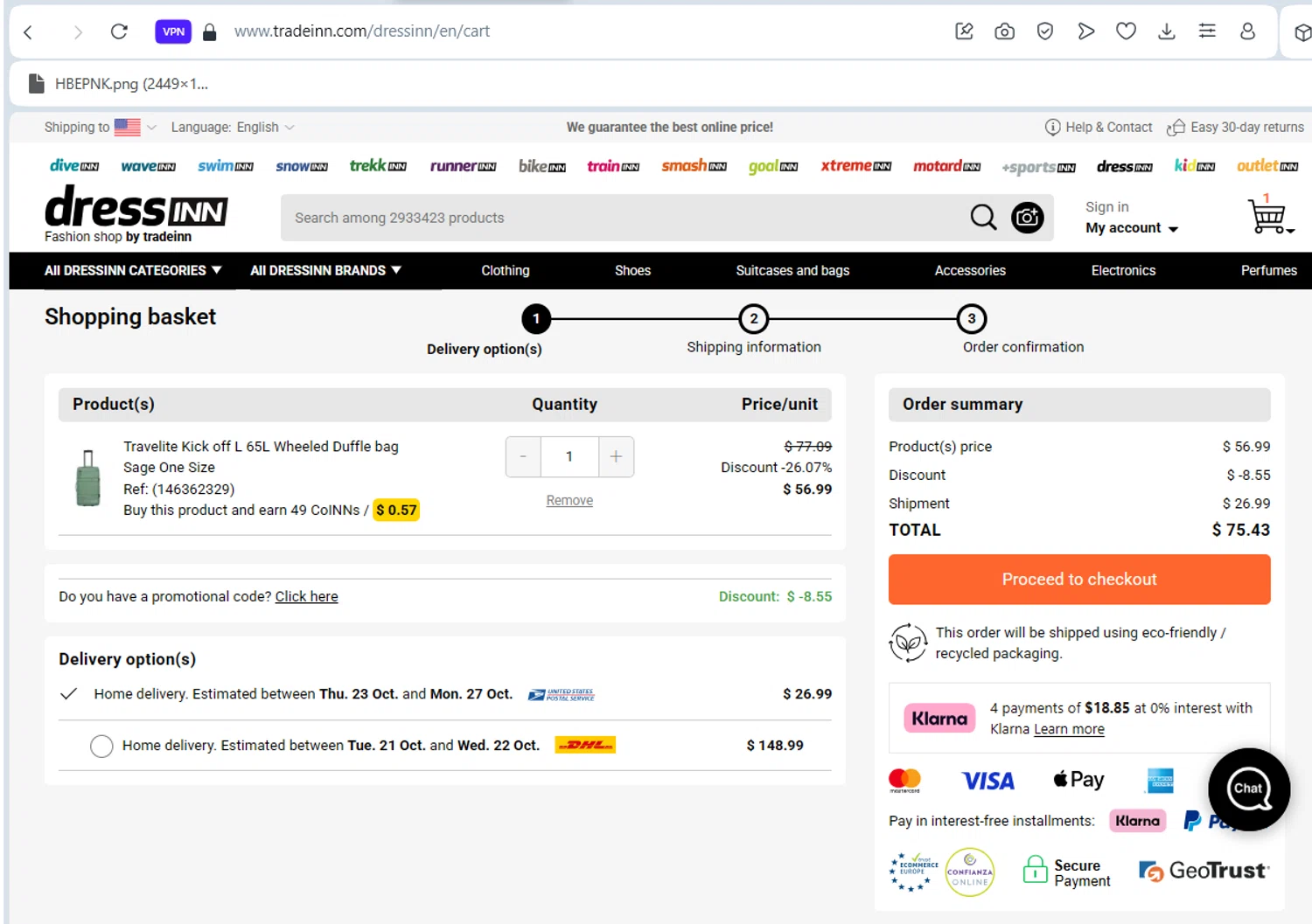 Diveinn promo code screenshot showing code TRAV15 applied at Diveinn checkout page. Uploaded by SimplyCodes community member ELIEZERG on Oct 19, 2025