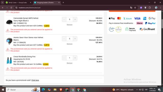 Diveinn checkout page showing Diveinn promo code box | Screenshot taken by SimplyCodes community member on Sep 21, 2025