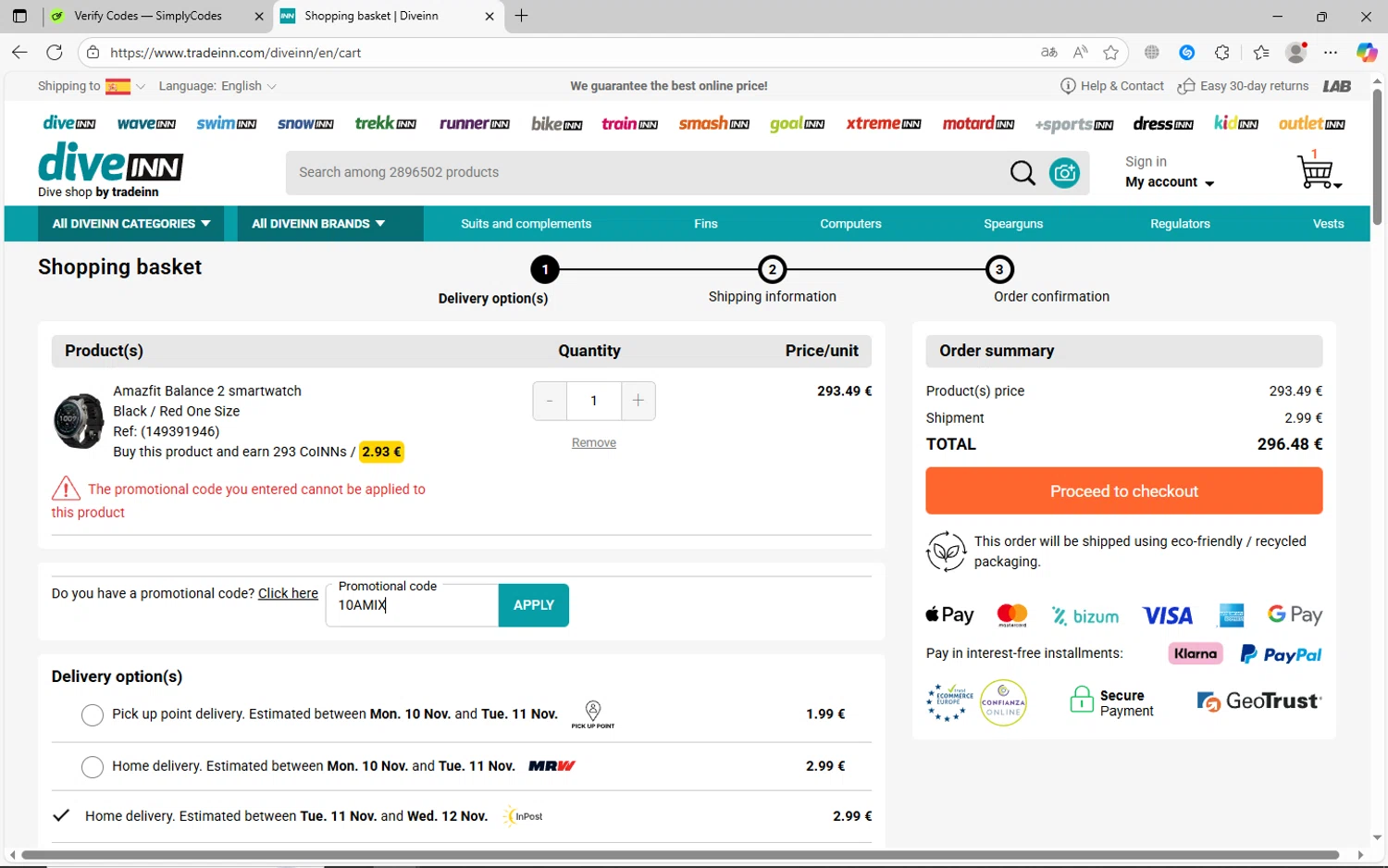 Diveinn promo code screenshot showing code 10AMIX applied at Diveinn checkout page. Uploaded by SimplyCodes community member jhoanDepp on Nov 8, 2025