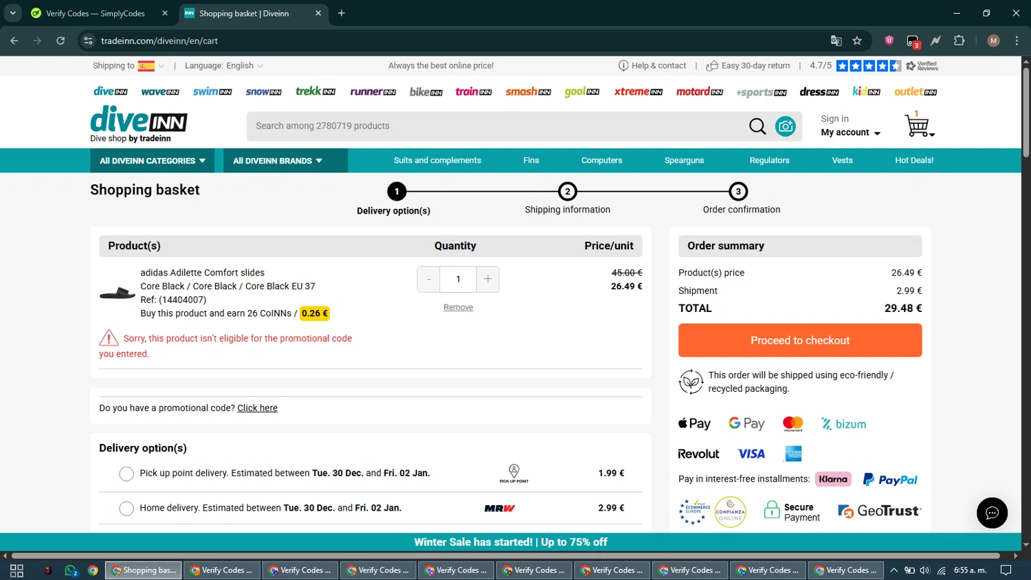 Diveinn promo code screenshot showing code R15NN applied at Diveinn checkout page. Uploaded by SimplyCodes community member DiscountTitan4635 on Dec 29, 2025