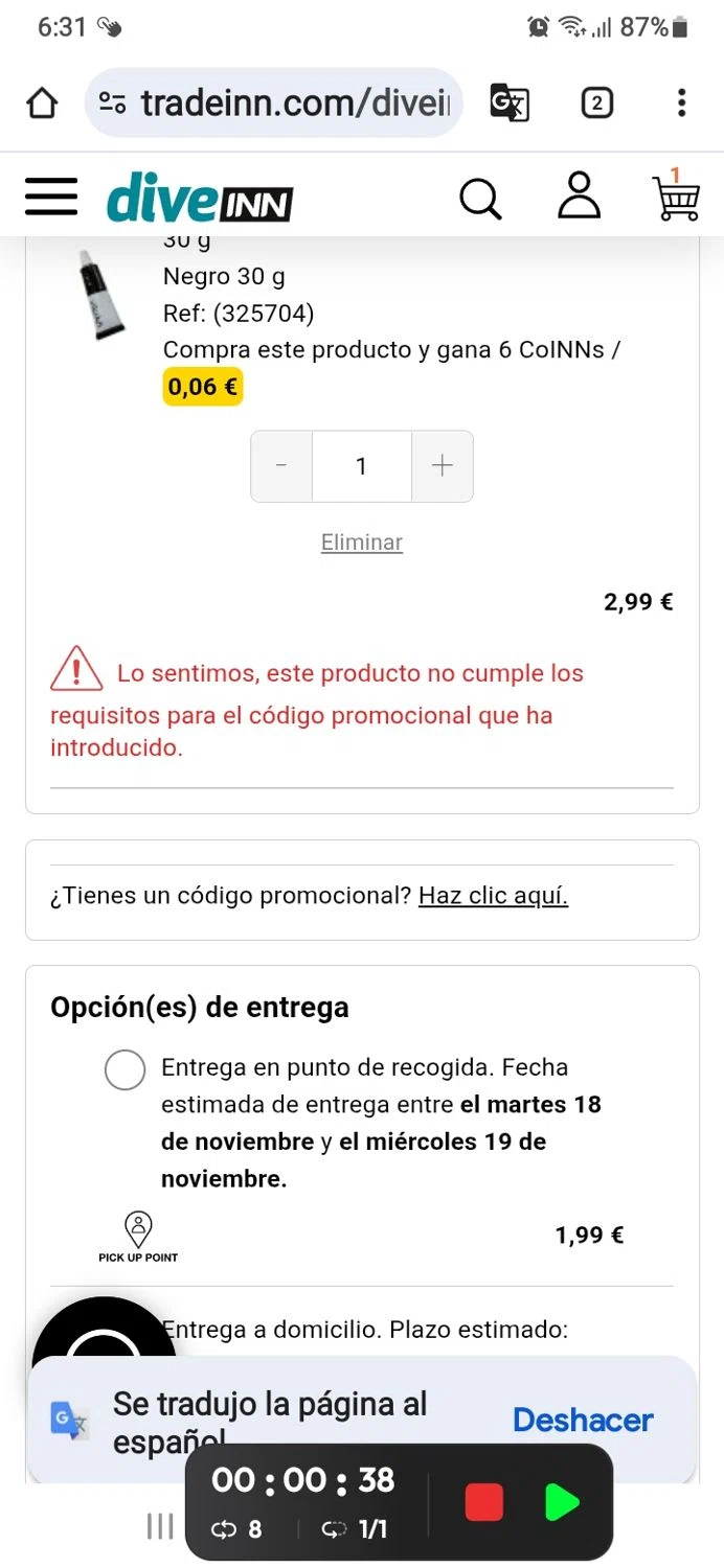 Diveinn promo code screenshot showing code R15NN applied at Diveinn checkout page. Uploaded by SimplyCodes community member GoldSeeker7901 on Nov 17, 2025