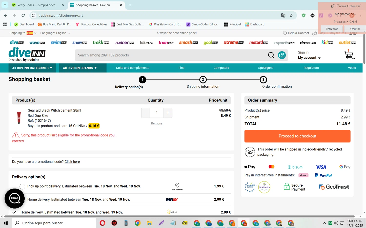 Diveinn promo code screenshot showing code R15NN applied at Diveinn checkout page. Uploaded by SimplyCodes community member SaleSaver3540 on Nov 17, 2025