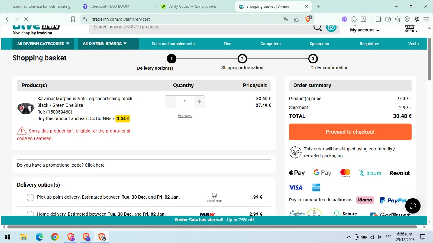 Diveinn promo code screenshot showing code R15NN applied at Diveinn checkout page. Uploaded by SimplyCodes community member Tonikr8 on Dec 29, 2025