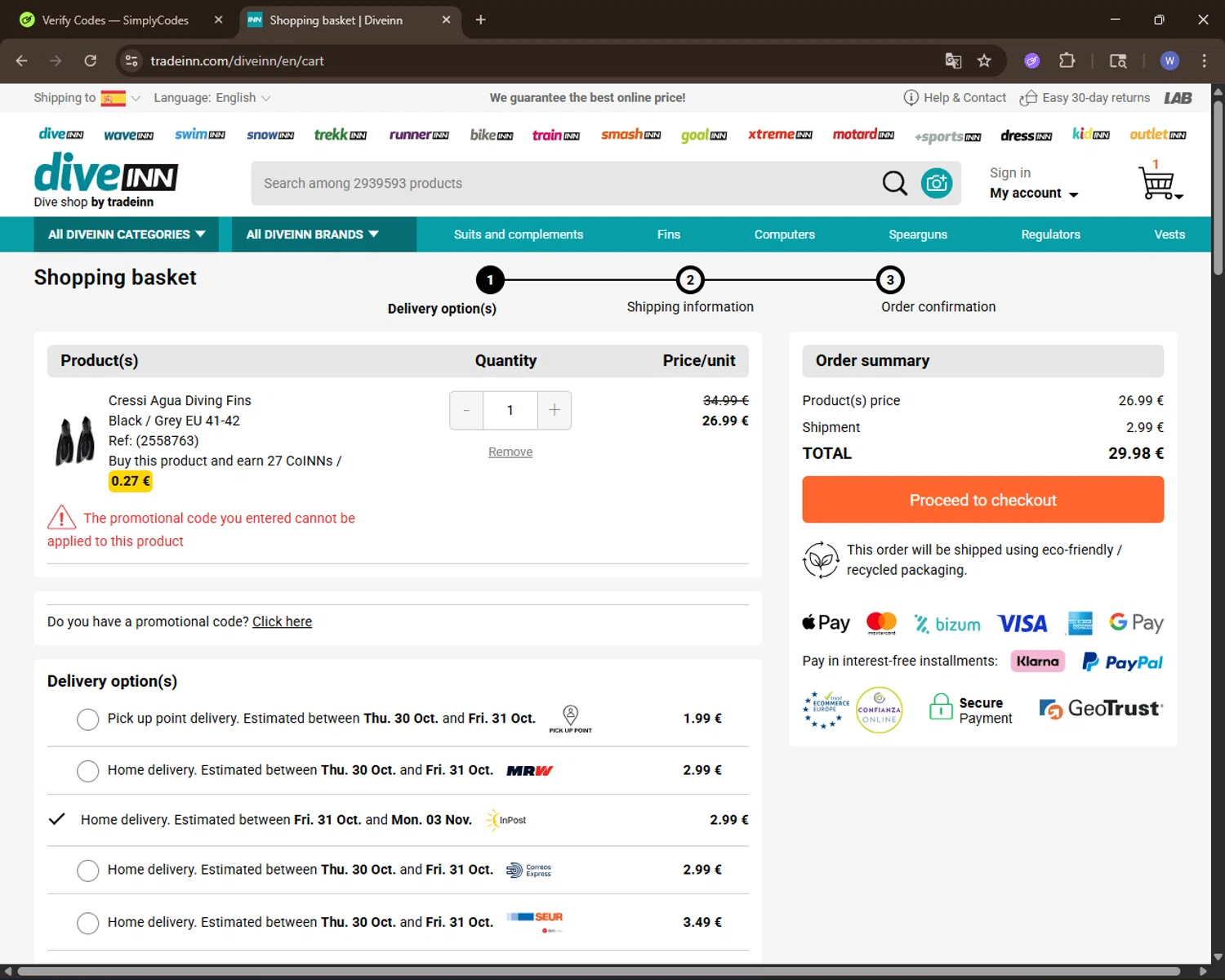 Diveinn promo code screenshot showing code R15NN applied at Diveinn checkout page. Uploaded by SimplyCodes community member VoucherElite7352 on Oct 28, 2025