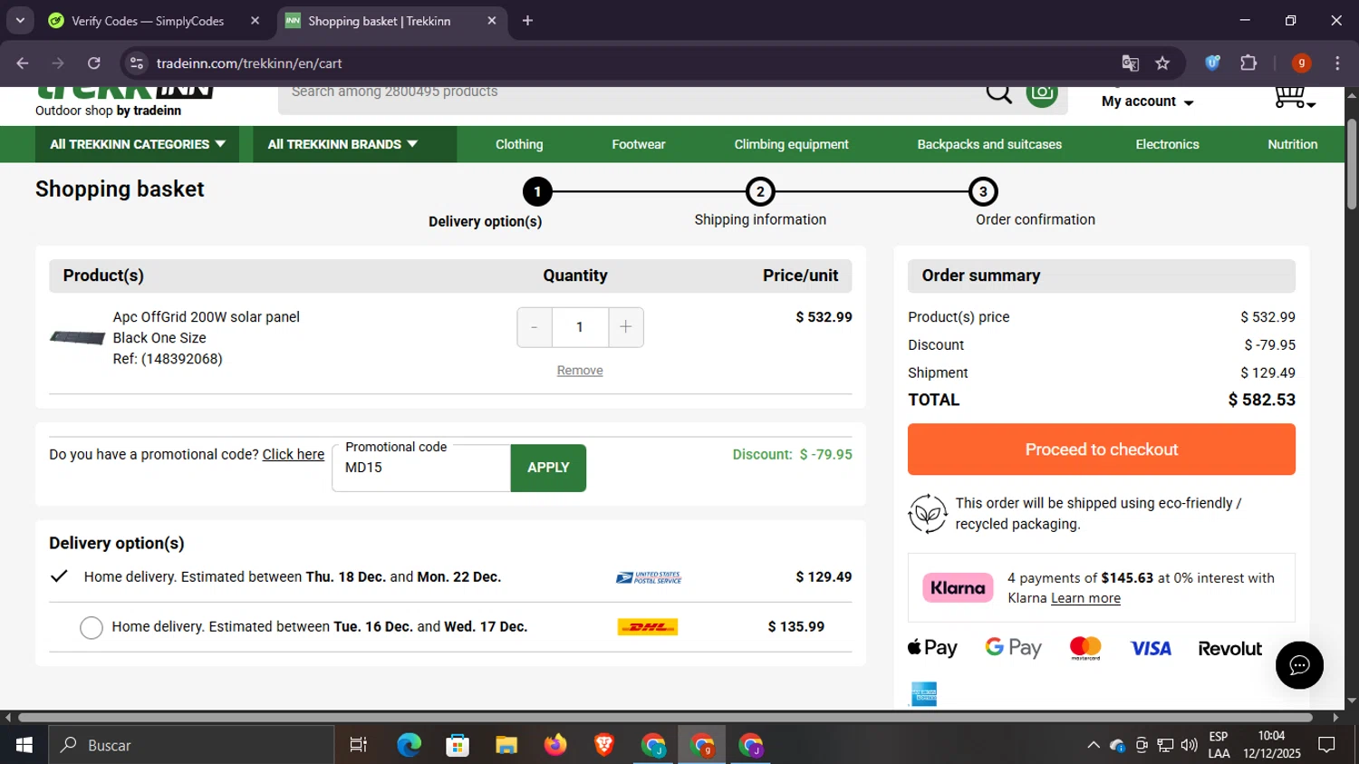 Diveinn promo code screenshot showing code MD15 applied at Diveinn checkout page. Uploaded by SimplyCodes community member Scottcawthon on Dec 12, 2025