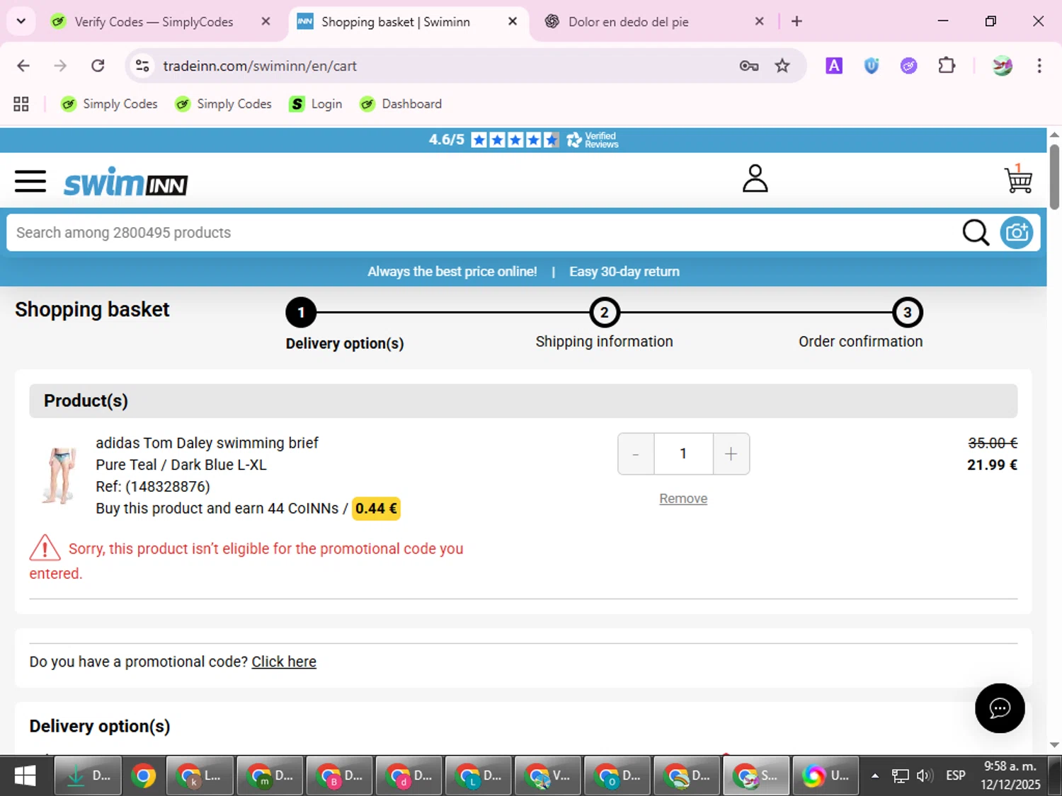 Diveinn promo code screenshot showing code MD15 applied at Diveinn checkout page. Uploaded by SimplyCodes community member SilverExpert5694 on Dec 12, 2025
