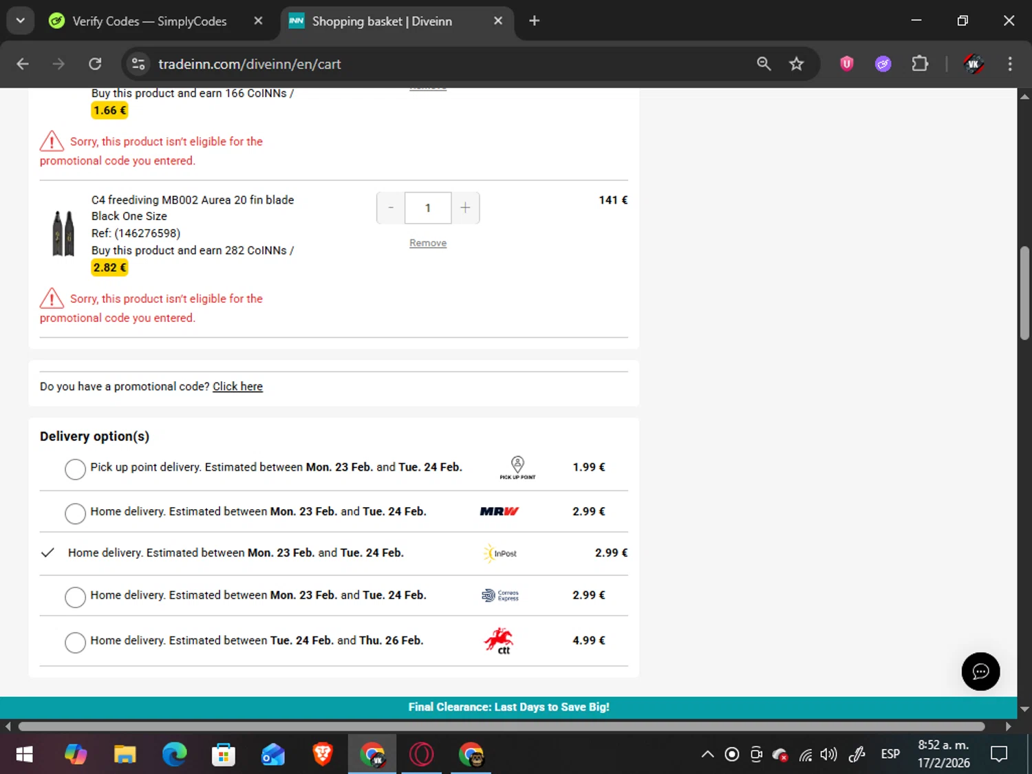 Diveinn promo code screenshot showing code BK26 applied at Diveinn checkout page. Uploaded by SimplyCodes community member TreasureAdmiral6867 on Feb 17, 2026