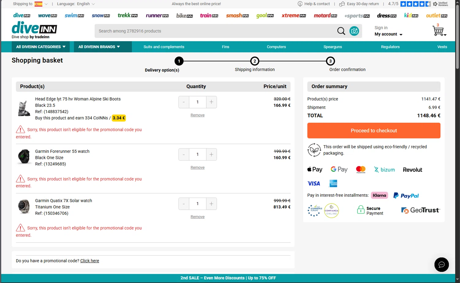 Diveinn checkout page showing Diveinn promo code box | Screenshot taken by SimplyCodes community member on Jan 18, 2026