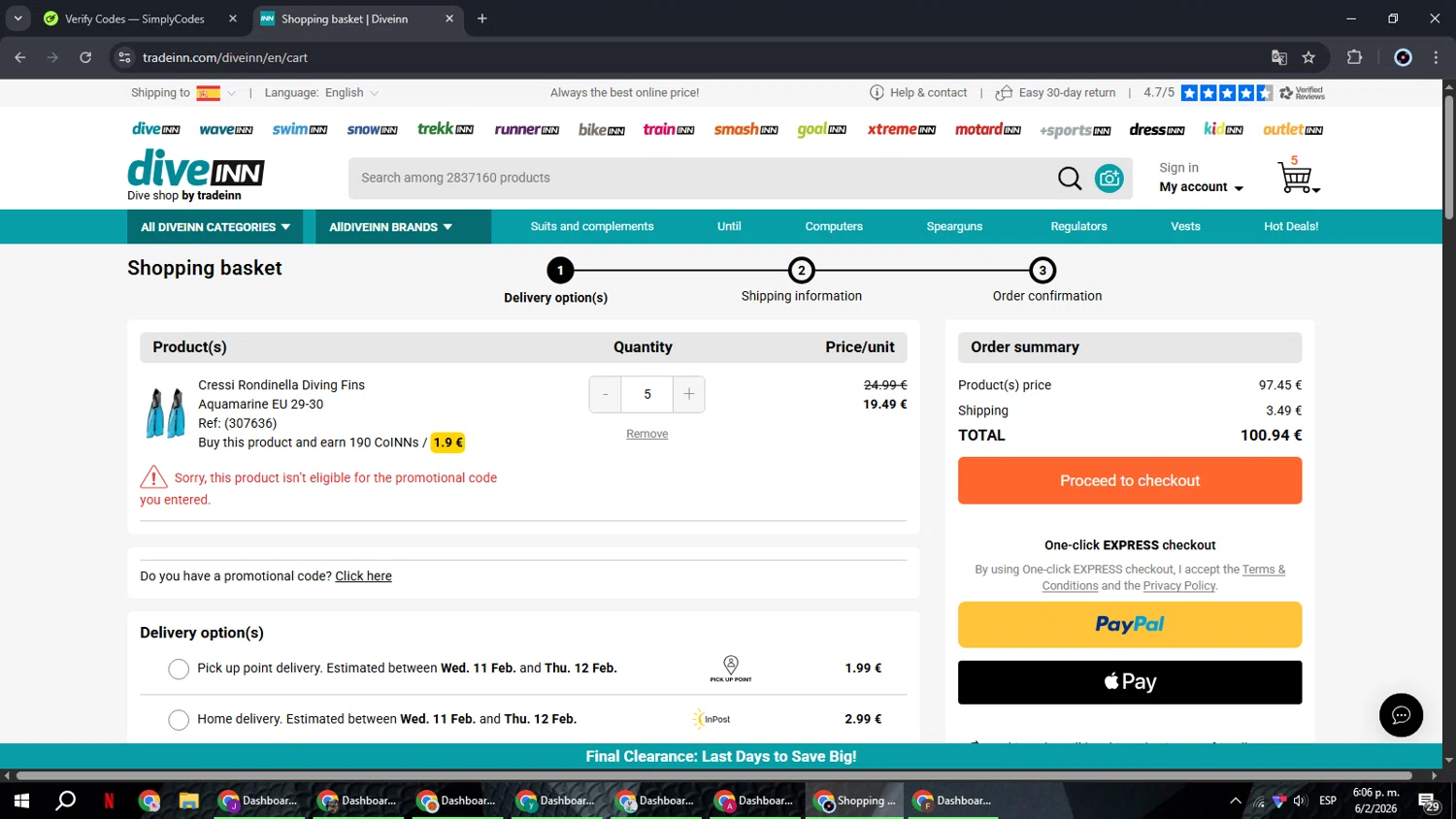 Diveinn checkout page showing Diveinn promo code box | Screenshot taken by SimplyCodes community member on Feb 6, 2026