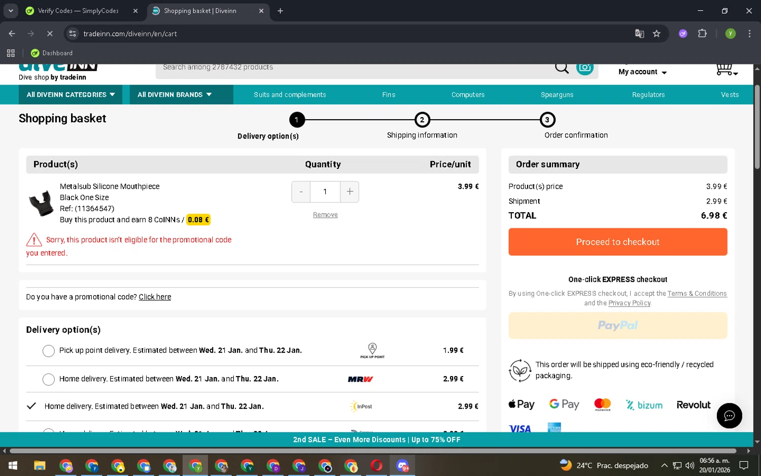 Diveinn promo code screenshot showing code BLL15 applied at Diveinn checkout page. Uploaded by SimplyCodes community member SalePioneer1064 on Jan 20, 2026
