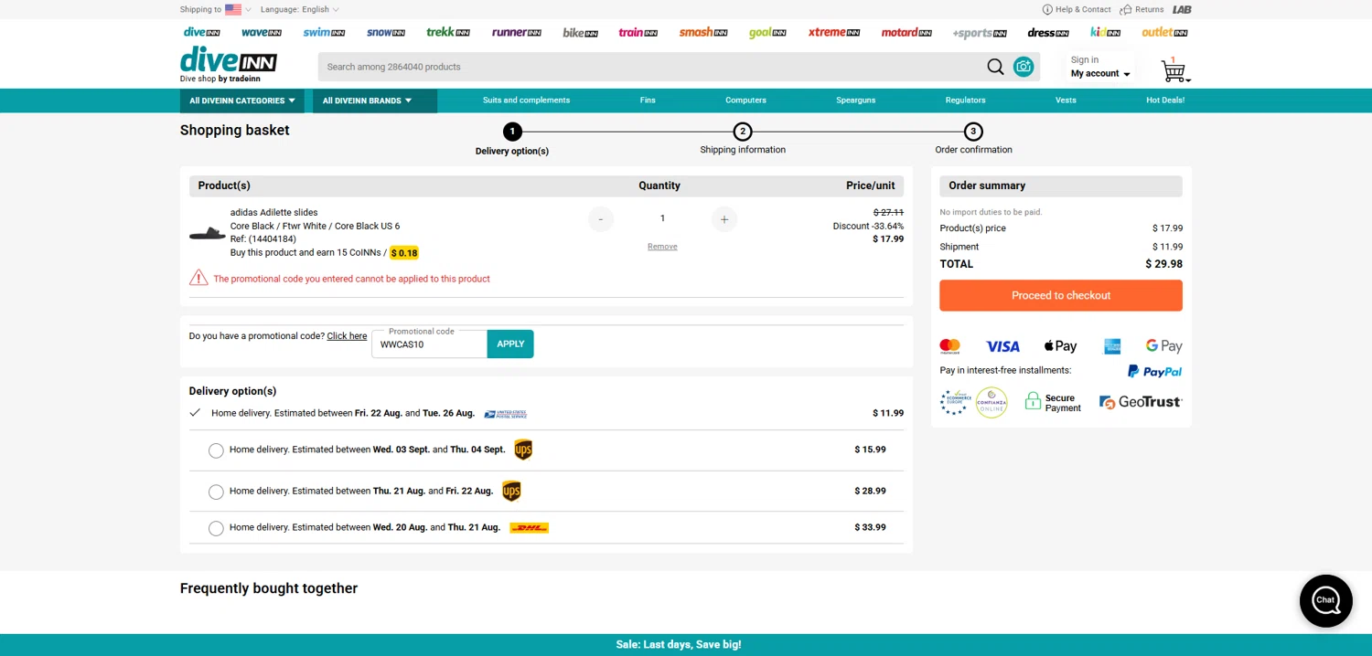 Diveinn promo code screenshot showing code WWCAS10 applied at Diveinn checkout page. Uploaded by SimplyCodes community member Dorothy on Aug 15, 2025