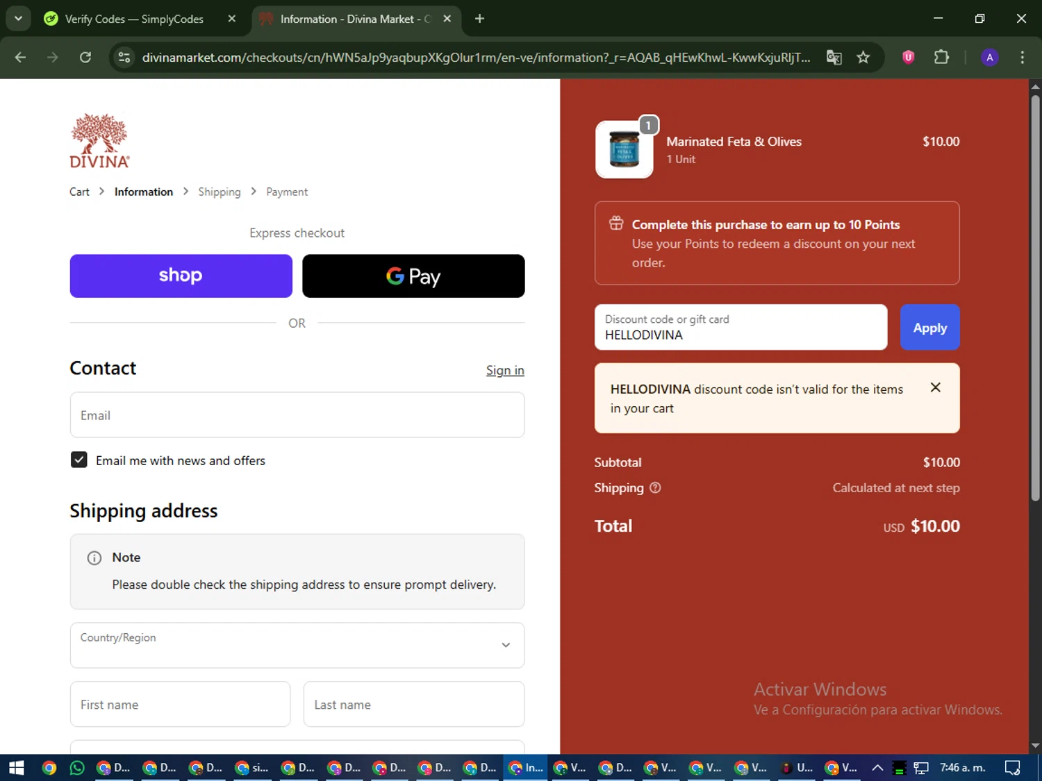 Divina Marketplace promo code screenshot showing code HELLODIVINA applied at Divina Marketplace checkout page. Uploaded by SimplyCodes community member MagnificentWarden4603 on Nov 22, 2025