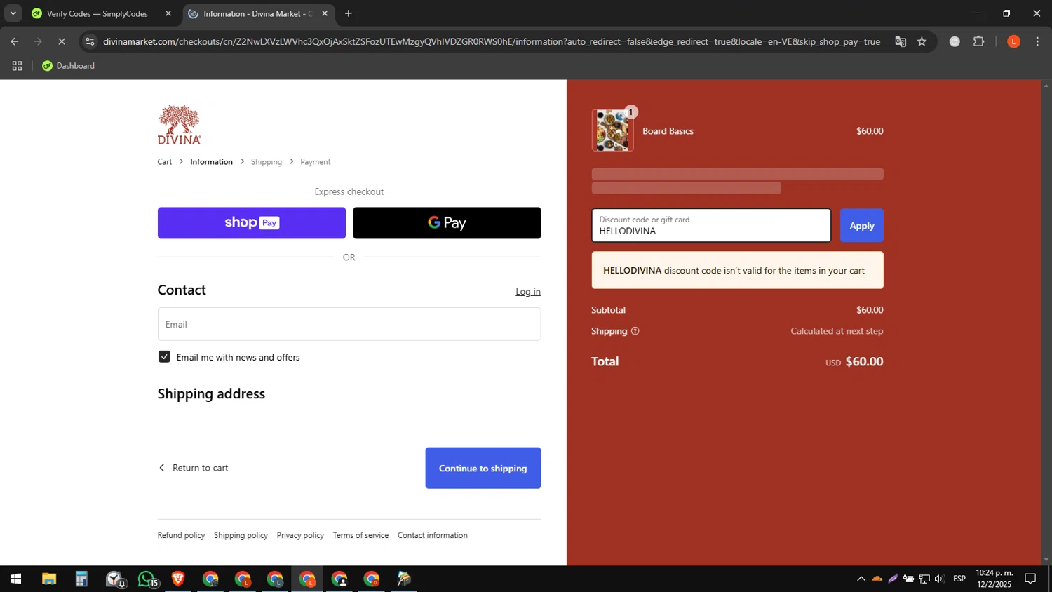 Divina Marketplace promo code screenshot showing code HELLODIVINA applied at Divina Marketplace checkout page. Uploaded by SimplyCodes community member luissdbv4 on Feb 13, 2025