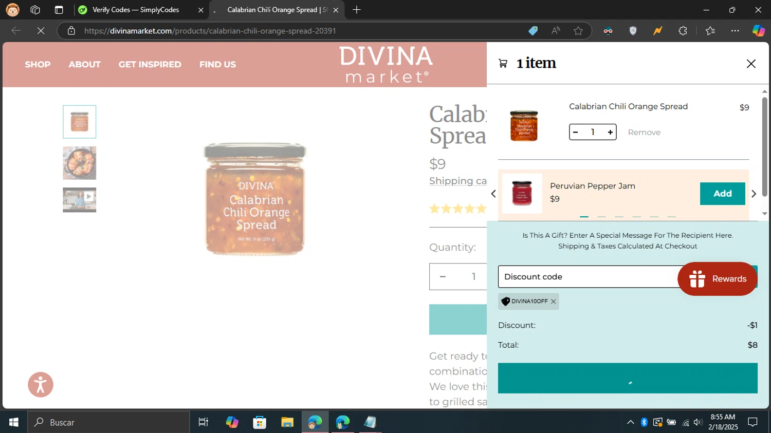 Divina Marketplace promo code screenshot showing code DIVINA10OFF applied at Divina Marketplace checkout page. Uploaded by SimplyCodes community member Blackleg_Sanji on Feb 18, 2025