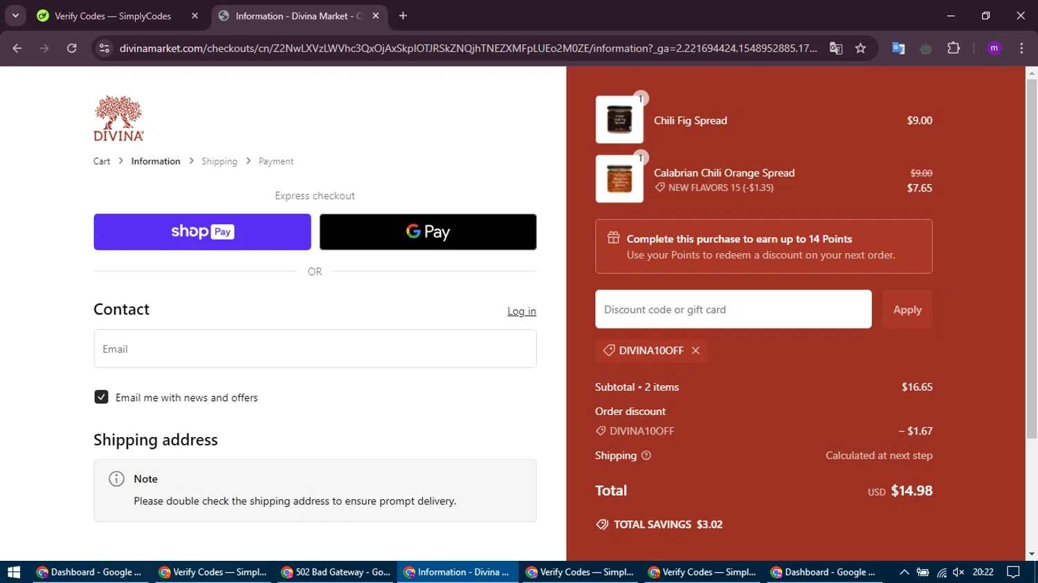 Divina Marketplace promo code screenshot showing code DIVINA10OFF applied at Divina Marketplace checkout page. Uploaded by SimplyCodes community member WonderHawk4272 on Jan 26, 2025