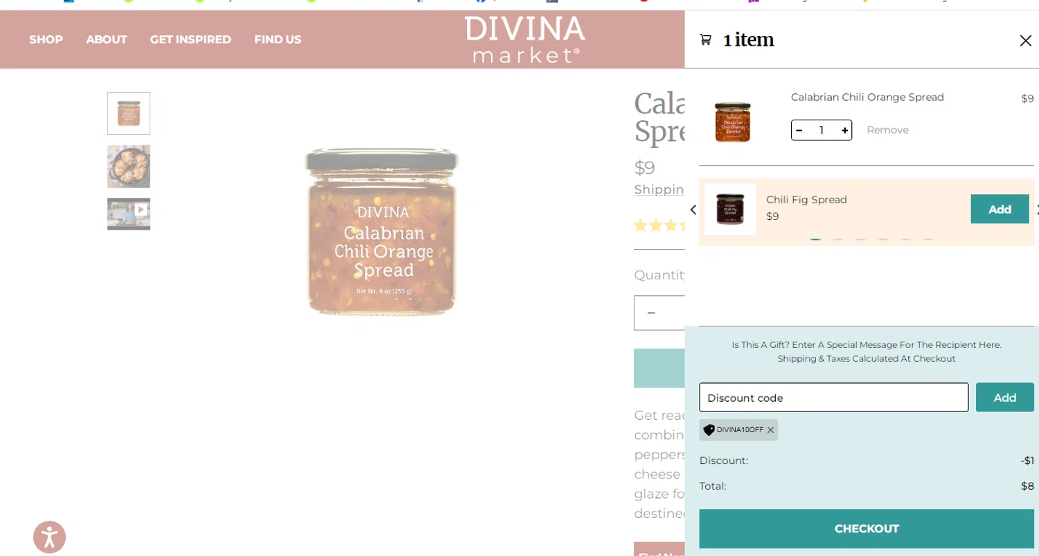 Divina Marketplace promo code screenshot showing code DIVINA10OFF applied at Divina Marketplace checkout page. Uploaded by SimplyCodes community member yeresojperez on Feb 4, 2025