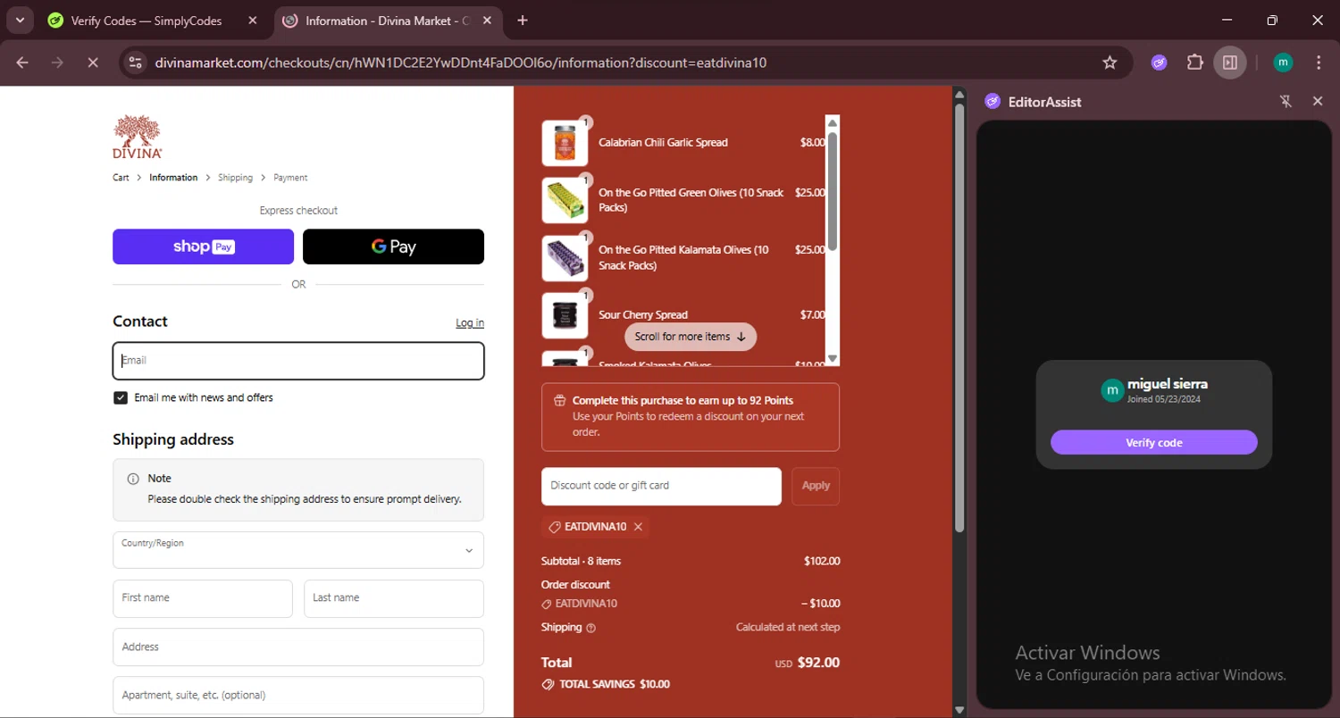 Divina Marketplace promo code screenshot showing code EATDIVINA10 applied at Divina Marketplace checkout page. Uploaded by SimplyCodes community member CrownSpotter4262 on Jul 30, 2025