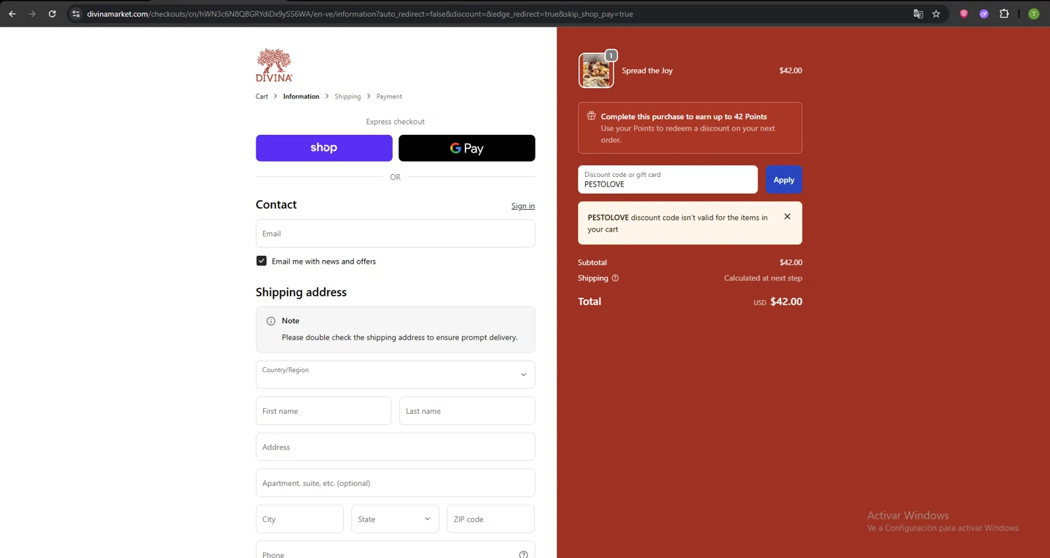 Divina Marketplace promo code screenshot showing code PESTOLOVE applied at Divina Marketplace checkout page. Uploaded by SimplyCodes community member SavvyNavigator1720 on Oct 1, 2025