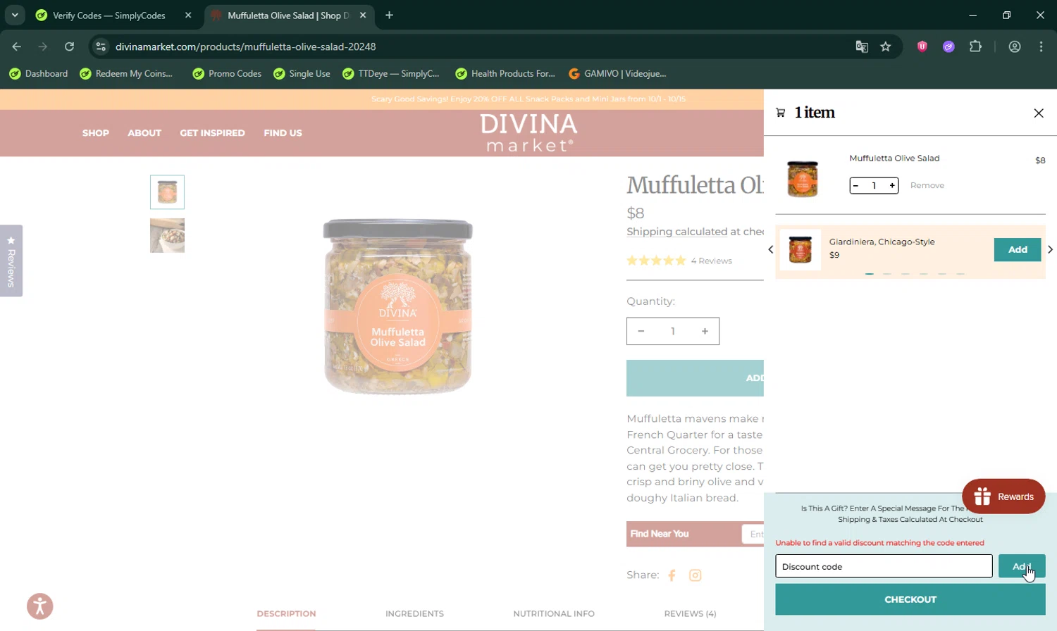 Divina Marketplace promo code screenshot showing code 20%OFF applied at Divina Marketplace checkout page. Uploaded by SimplyCodes community member LHaunter on Oct 6, 2025