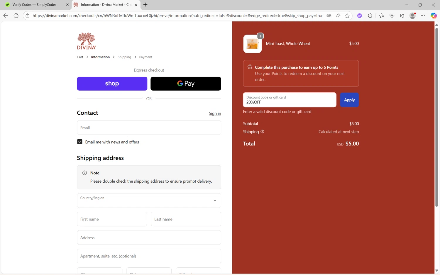 Divina Marketplace promo code screenshot showing code 20%OFF applied at Divina Marketplace checkout page. Uploaded by SimplyCodes community member juanx1702 on Oct 6, 2025