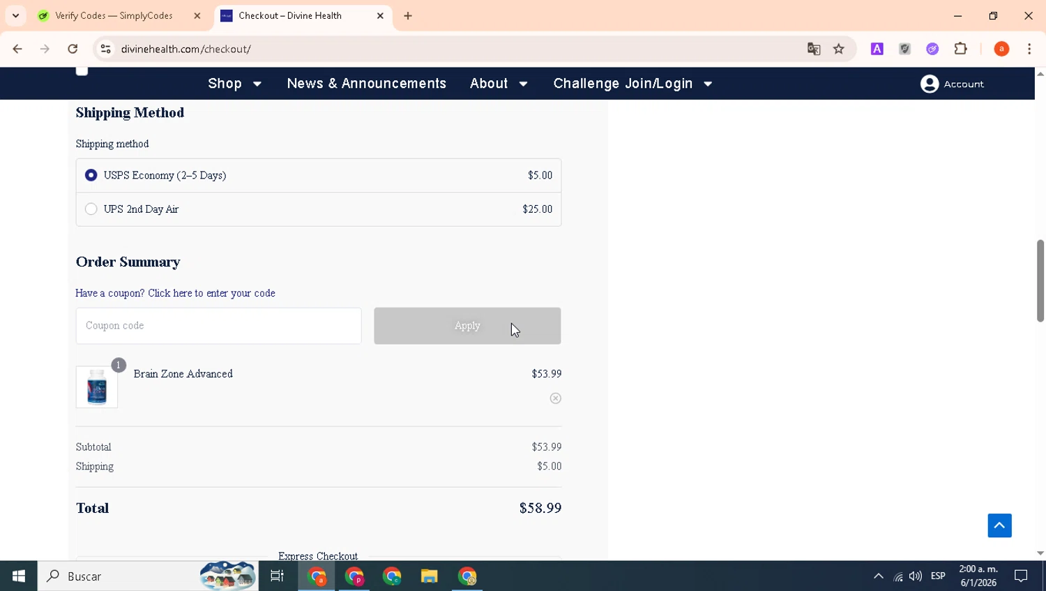 Divine Health promo code screenshot showing code SIMPLY10 applied at Divine Health checkout page. Uploaded by SimplyCodes community member bichota on Jan 6, 2026