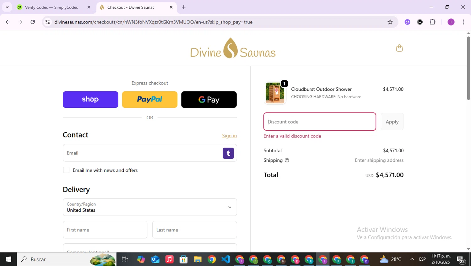 Divine Saunas promo code screenshot showing code ENRICH750 applied at Divine Saunas checkout page. Uploaded by SimplyCodes community member RebateAce6764 on Oct 3, 2025