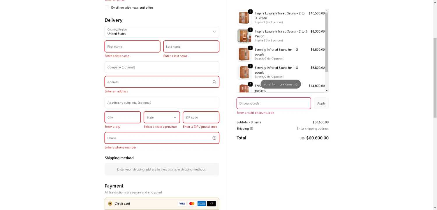 Divine Saunas promo code screenshot showing code ENRICH750 applied at Divine Saunas checkout page. Uploaded by SimplyCodes community member aver_136263192 on Oct 3, 2025
