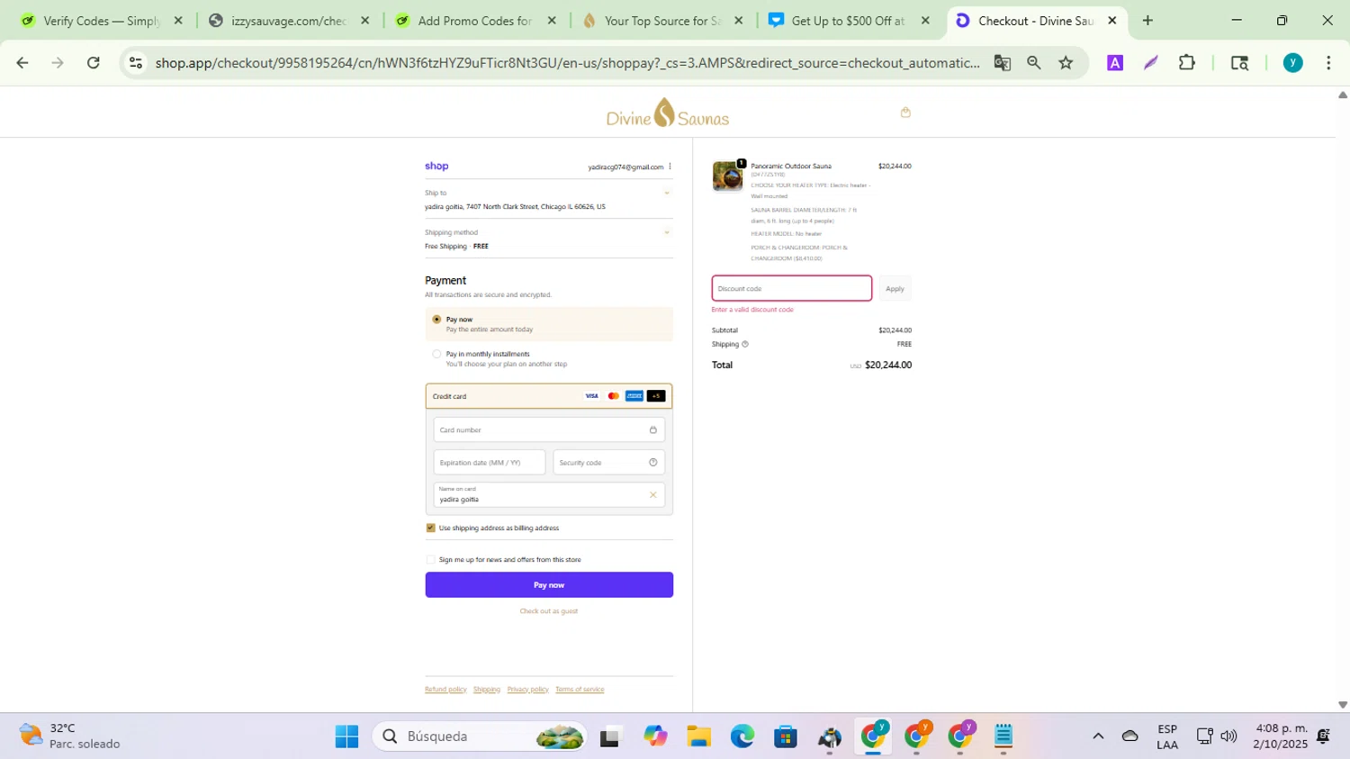 Divine Saunas promo code screenshot showing code ENRICH750 applied at Divine Saunas checkout page. Uploaded by SimplyCodes community member yadiracg074 on Oct 2, 2025