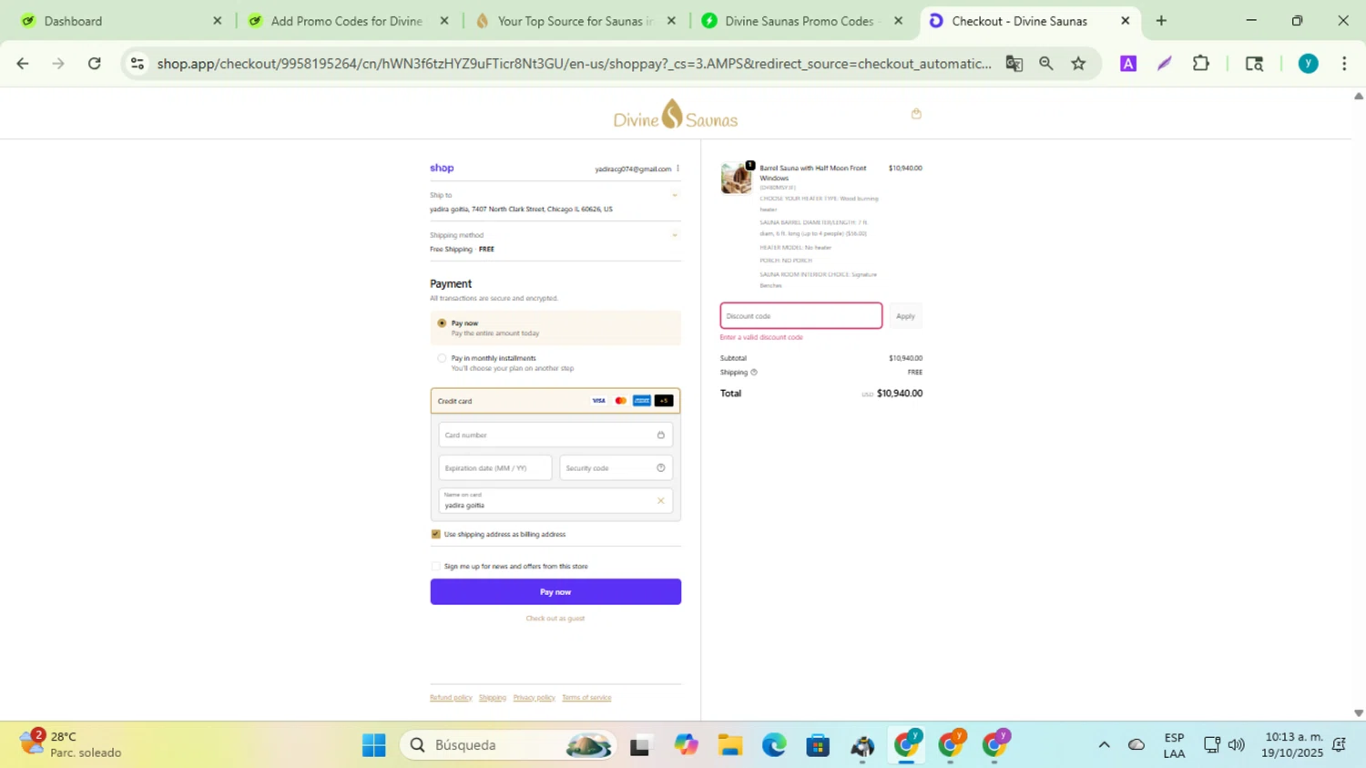 Divine Saunas promo code screenshot showing code 5FORYOU applied at Divine Saunas checkout page. Uploaded by SimplyCodes community member yadiracg074 on Oct 19, 2025