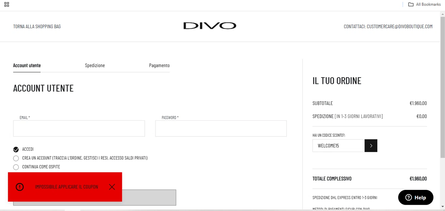 Divo Boutique promo code screenshot showing code WELCOME15 applied at Divo Boutique checkout page. Uploaded by SimplyCodes community member franalepe on Jan 12, 2025