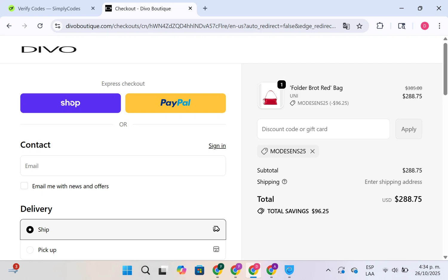 Divo Boutique promo code screenshot showing code MODESENS25 applied at Divo Boutique checkout page. Uploaded by SimplyCodes community member LuckyHero4650 on Oct 26, 2025