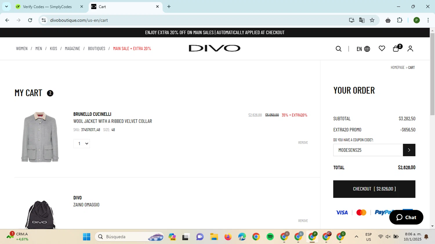 Divo Boutique promo code screenshot showing code MODESENS25 applied at Divo Boutique checkout page. Uploaded by SimplyCodes community member ThriftySpotter5396 on Jan 10, 2025