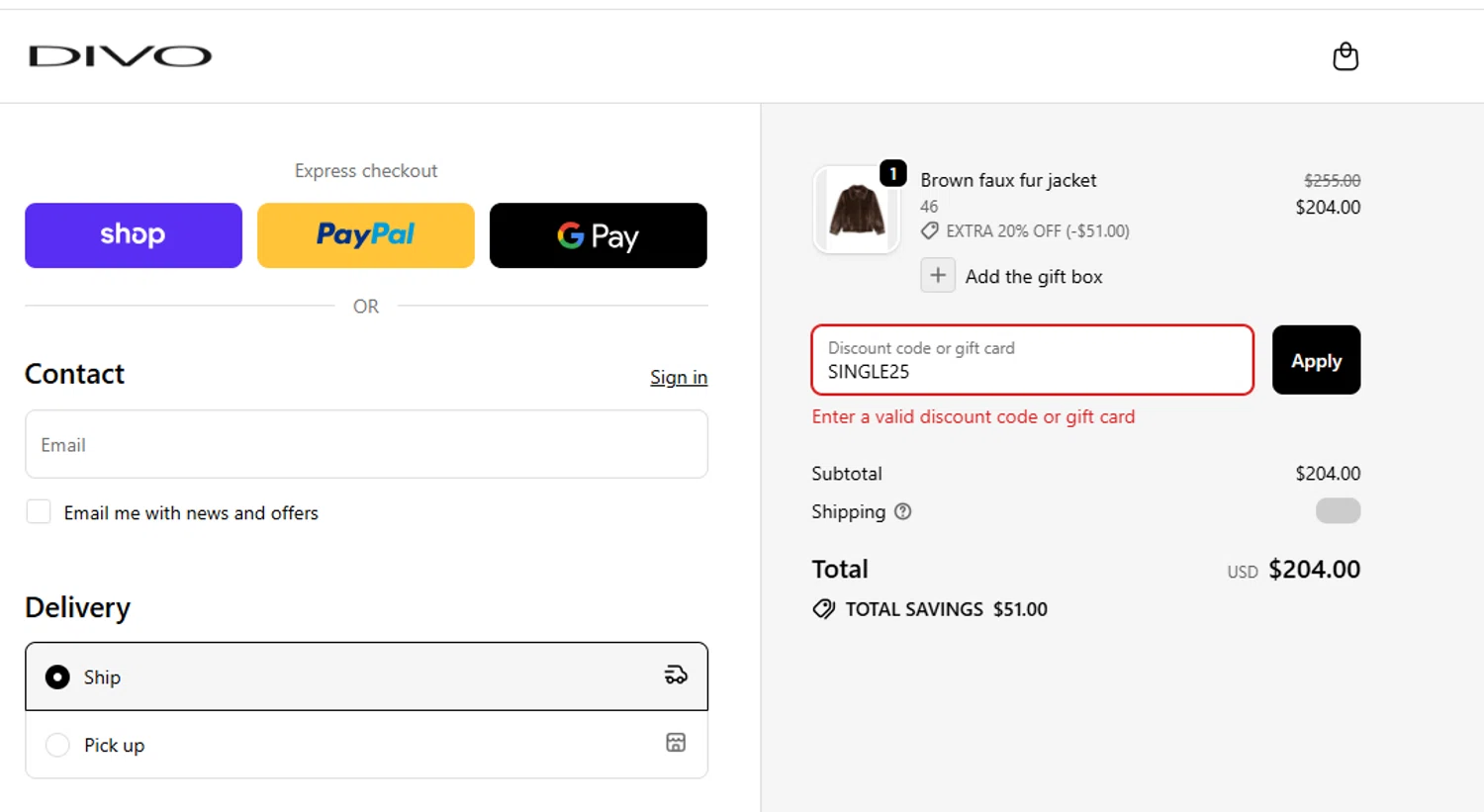 Divo Boutique promo code screenshot showing code SINGLE25 applied at Divo Boutique checkout page. Uploaded by SimplyCodes community member yeresojperez on Nov 22, 2025