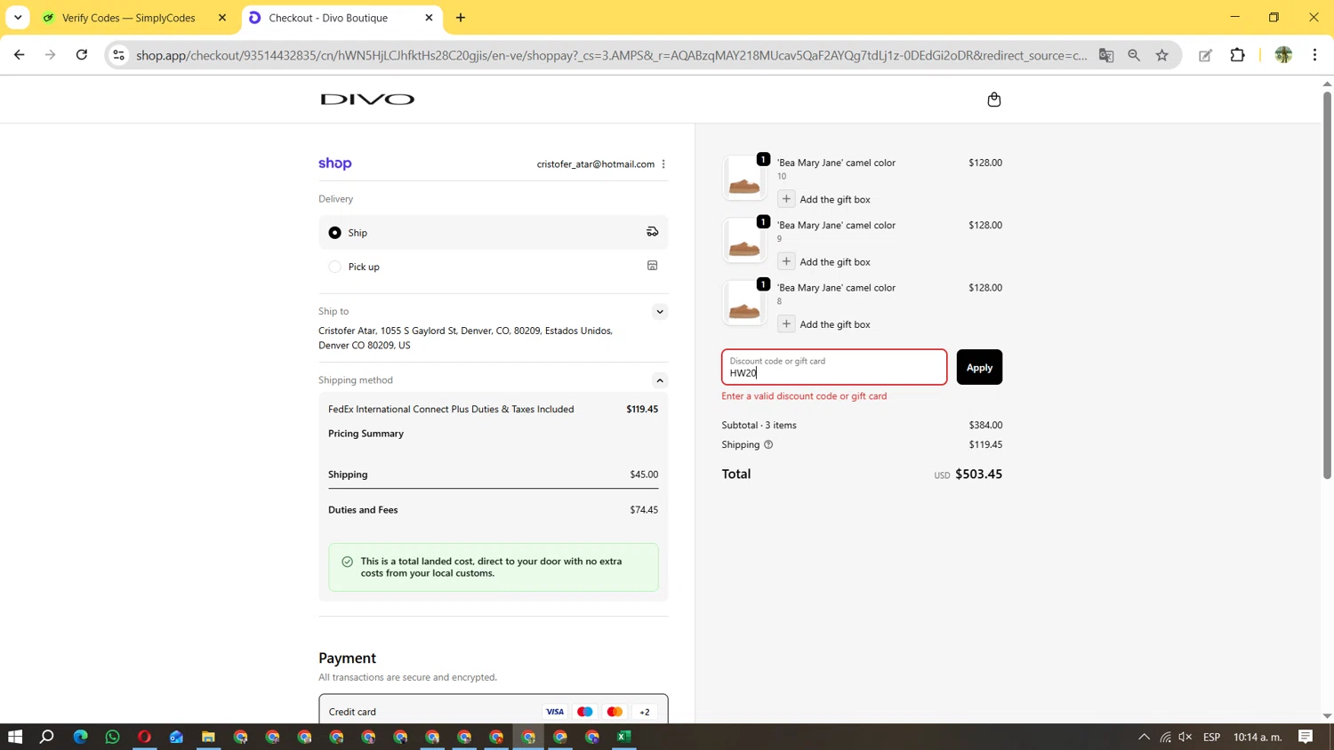Divo Boutique promo code screenshot showing code HW20 applied at Divo Boutique checkout page. Uploaded by SimplyCodes community member FundoSinai on Nov 14, 2025