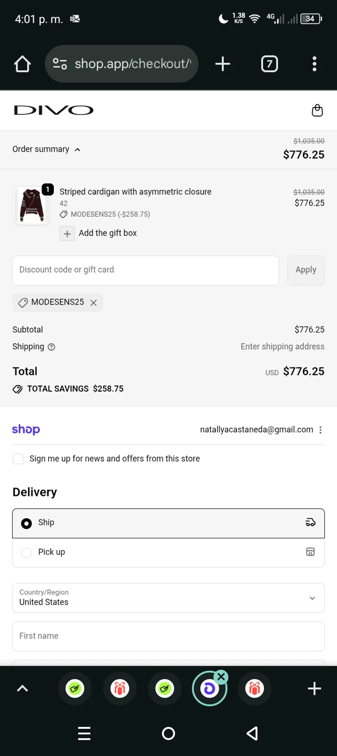 Divo Boutique promo code screenshot showing code MODESENS25 applied at Divo Boutique checkout page. Uploaded by SimplyCodes community member Eltoro20 on Oct 26, 2025