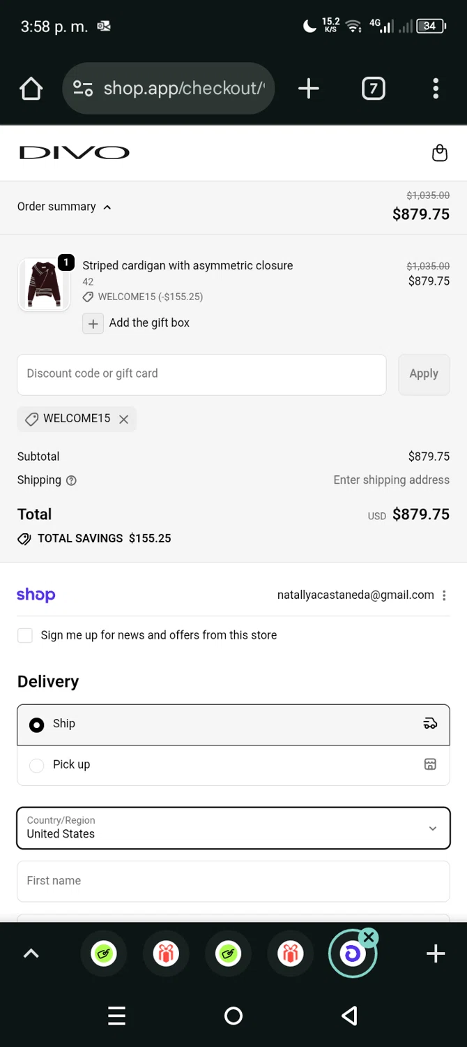 Divo Boutique promo code screenshot showing code WELCOME15 applied at Divo Boutique checkout page. Uploaded by SimplyCodes community member Eltoro20 on Oct 26, 2025