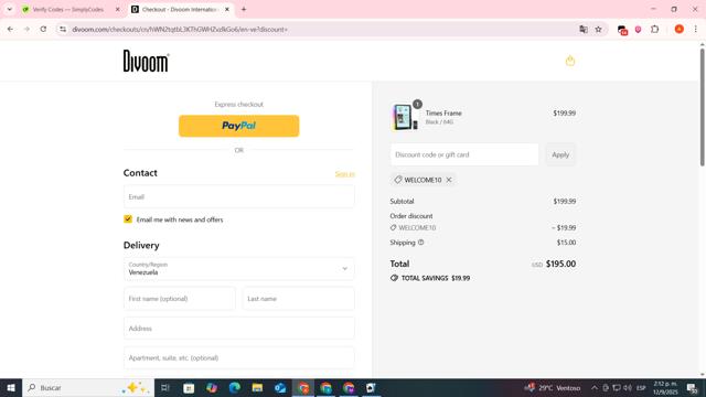Divoom checkout page showing Divoom promo code box | Screenshot taken by SimplyCodes community member on Sep 12, 2025