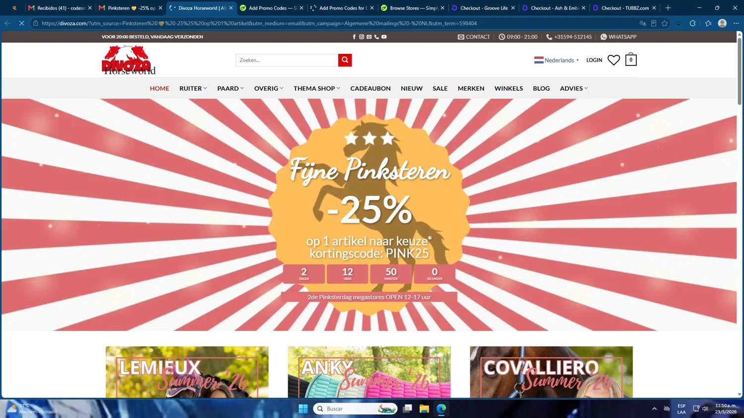 Divoza promo code screenshot showing code PINK25 applied at Divoza checkout page. Uploaded by SimplyCodes community member Mdeoca on May 23, 2026