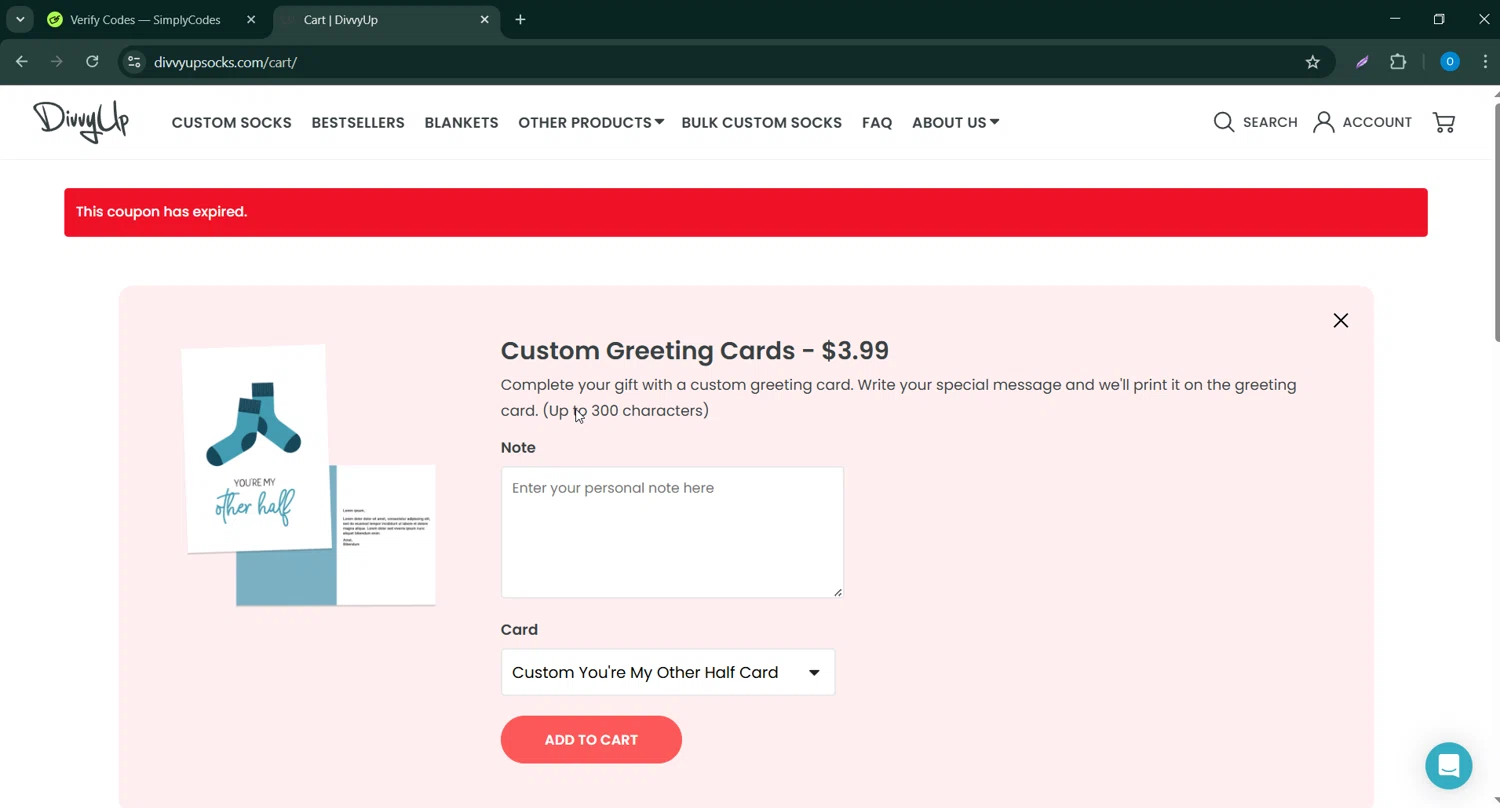 DivvyUp coupon code screenshot showing code customsocks11 applied at DivvyUp checkout page. Uploaded by SimplyCodes community member Bernard_Lowe on Mar 13, 2025
