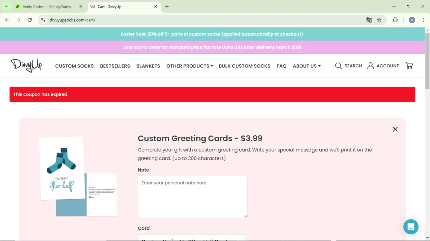 DivvyUp coupon code screenshot showing code customsocks11 applied at DivvyUp checkout page. Uploaded by SimplyCodes community member DiscountVirtuoso6243 on Mar 26, 2025