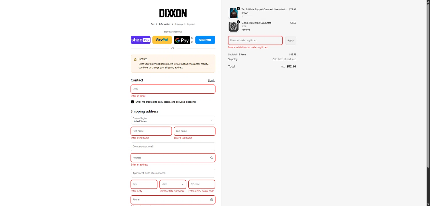 Dixxon Flannel promo code screenshot showing code FUCKTAXES applied at Dixxon Flannel checkout page. Uploaded by SimplyCodes community member TokenFalcon7462 on Jan 12, 2026