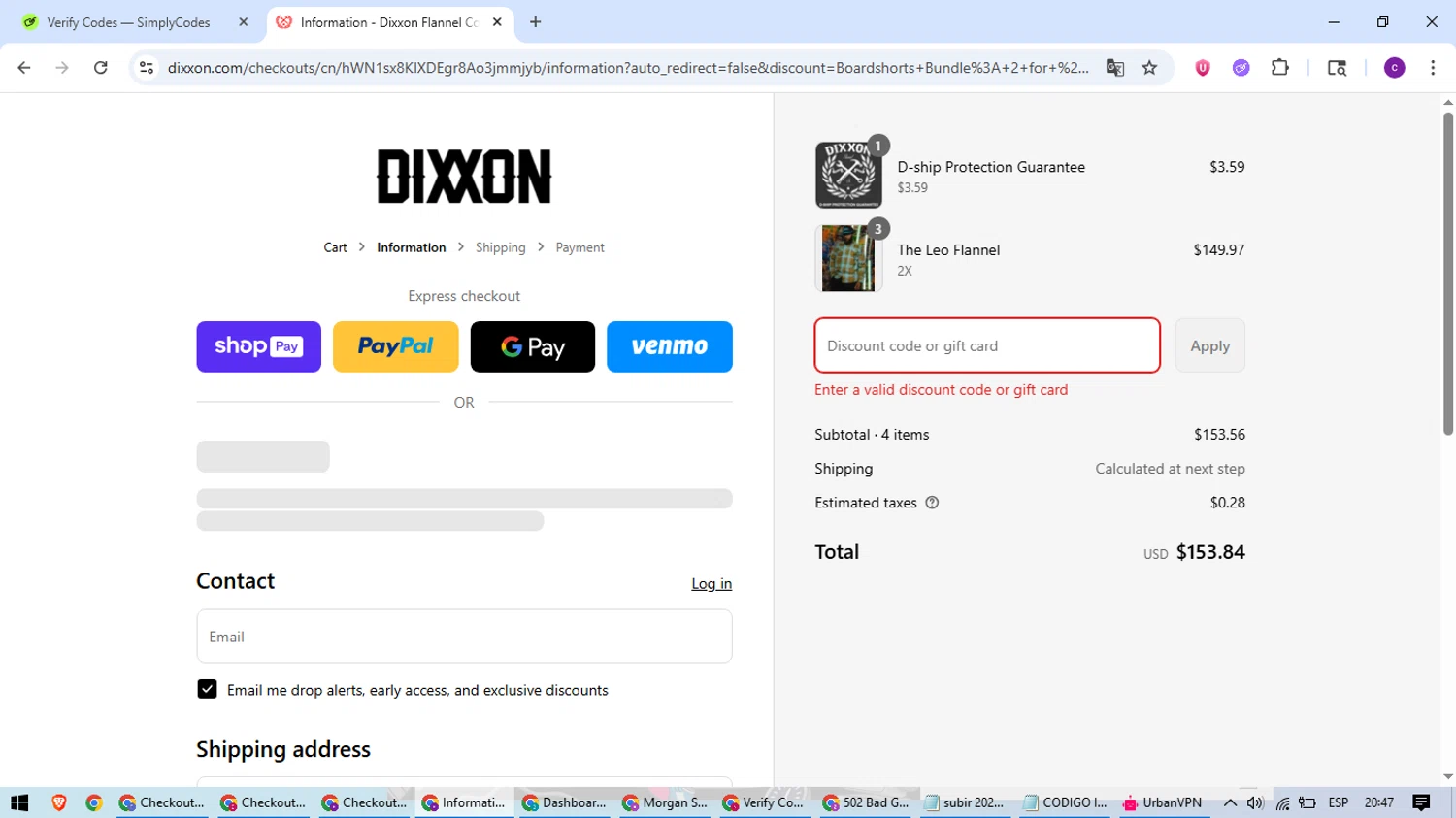 Dixxon Flannel discount code screenshot showing code FCKTAXES applied at Dixxon Flannel checkout page. Uploaded by SimplyCodes community member SavingsWarden1053 on Aug 17, 2025