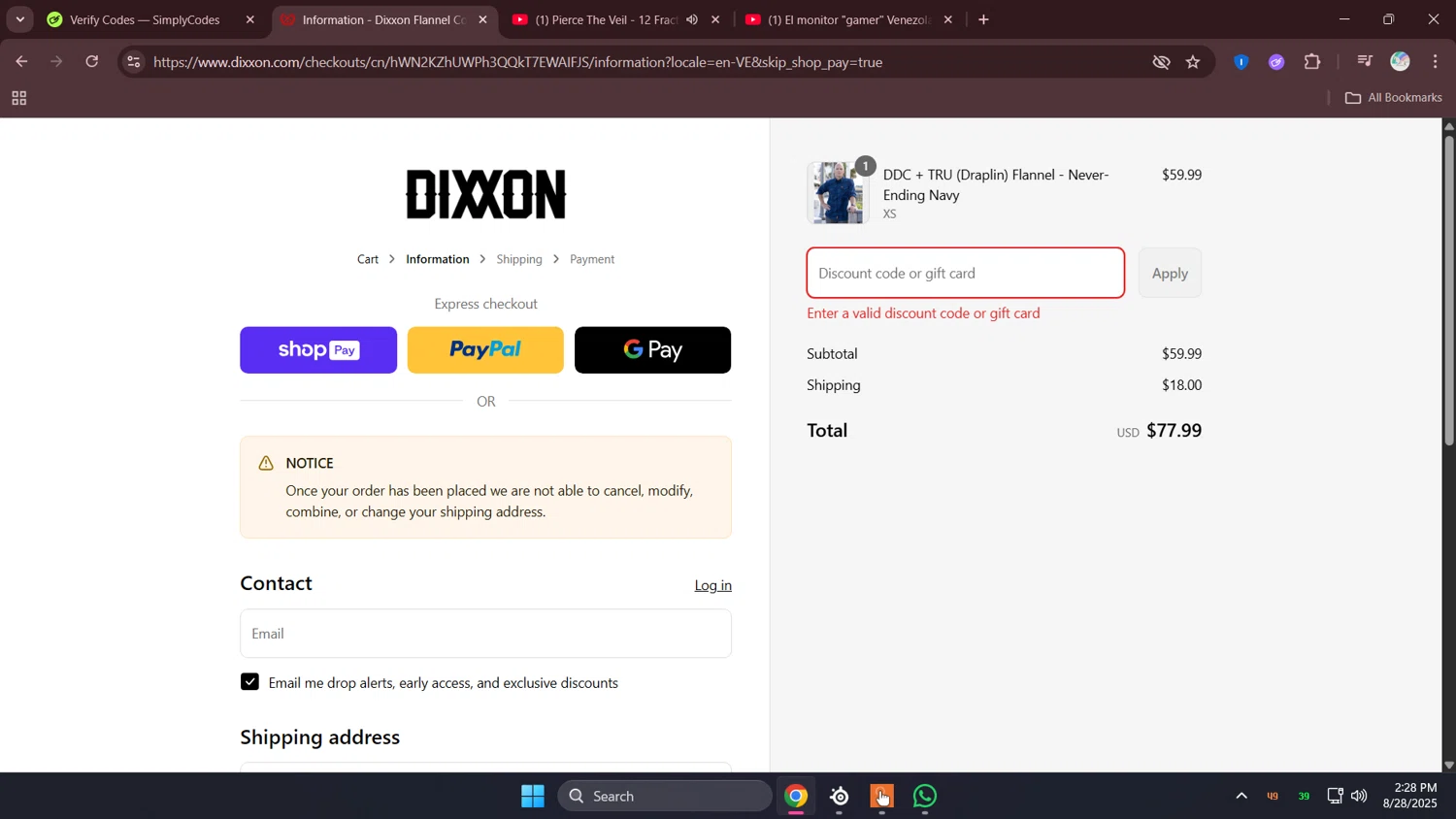 Dixxon Flannel discount code screenshot showing code 4Q985JJR applied at Dixxon Flannel checkout page. Uploaded by SimplyCodes community member lunita on Aug 28, 2025